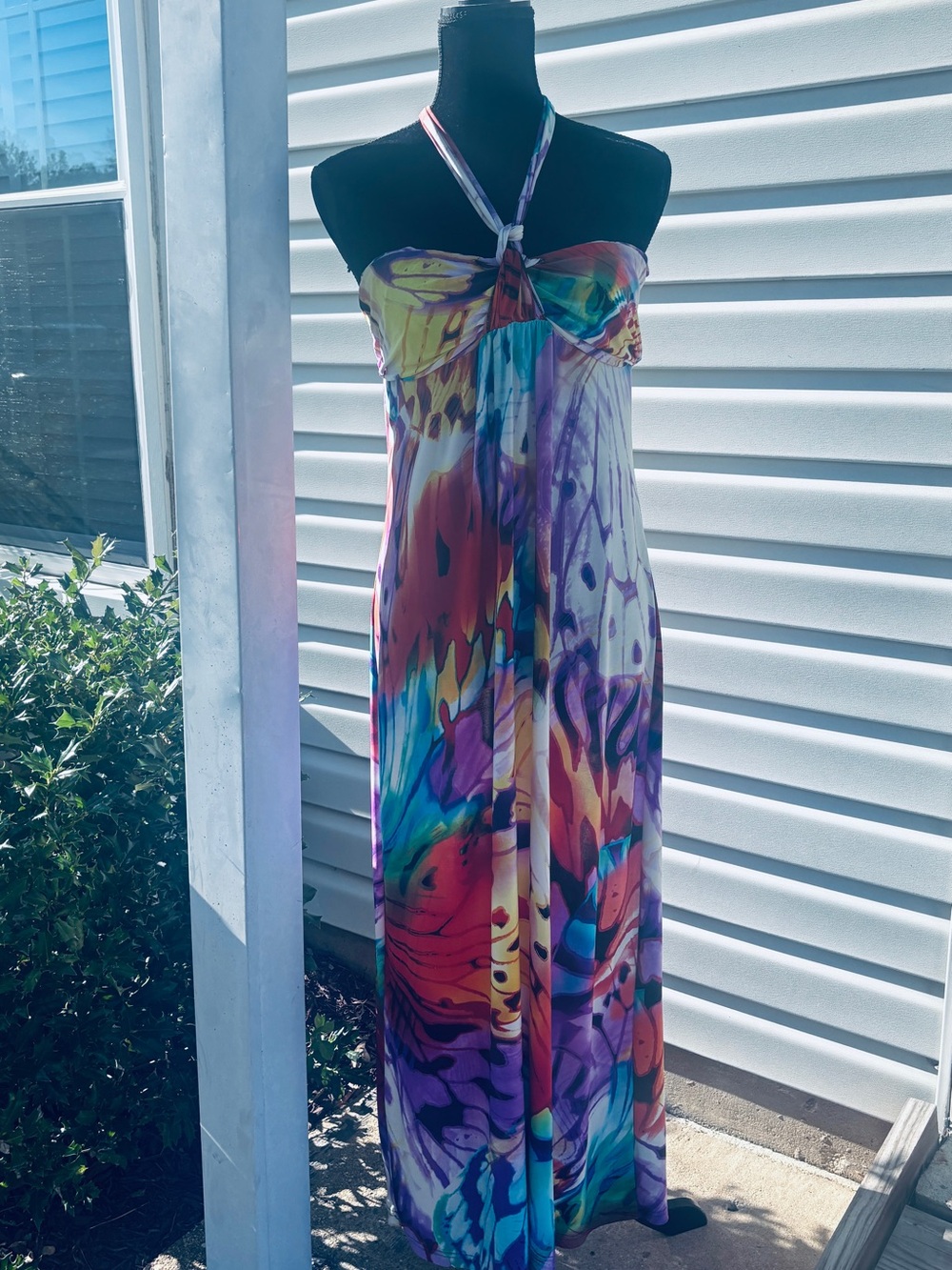 Mlle Gabrielle Multicolor Halter Maxi Dress in Purple, Teal & Yellow